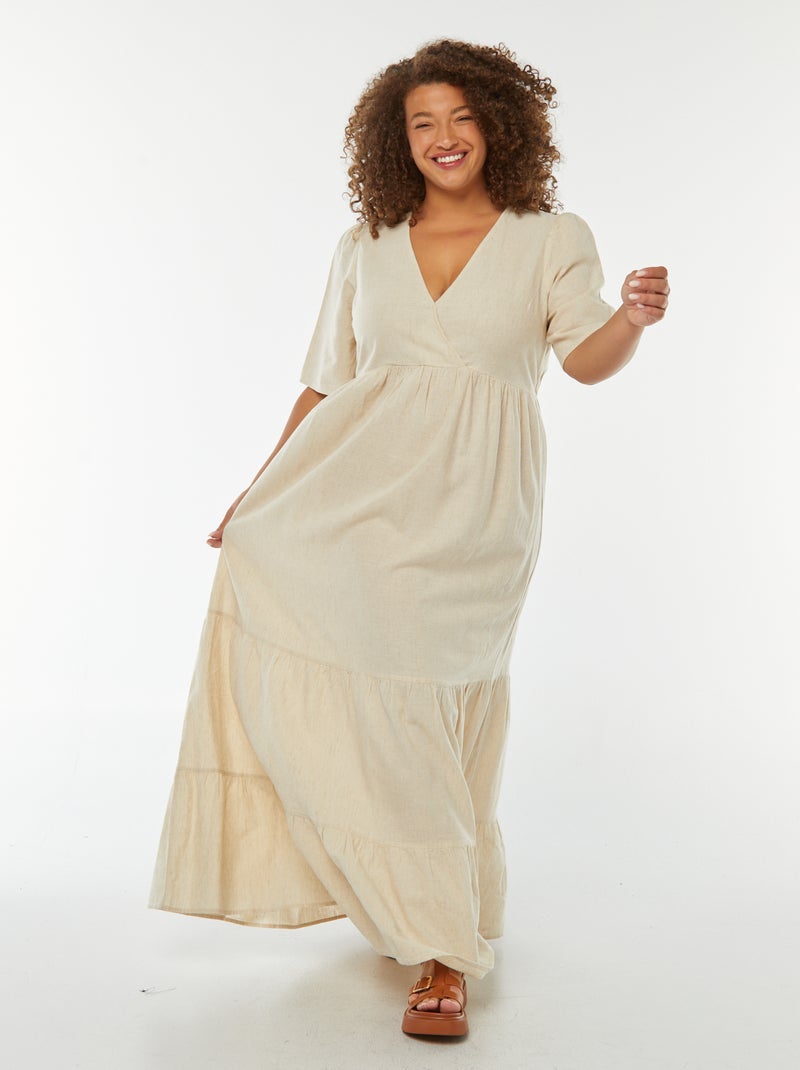 Vestido largo de manga corta con bajo a capas Beige - Kiabi
