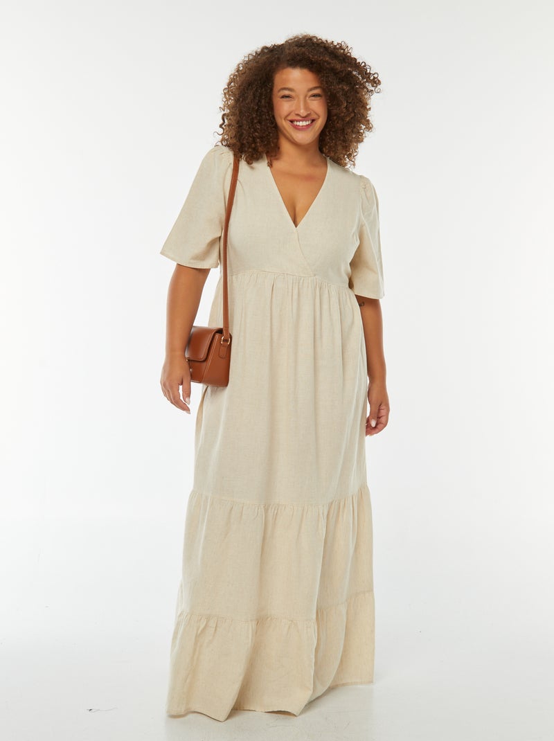 Vestido largo de manga corta con bajo a capas Beige - Kiabi