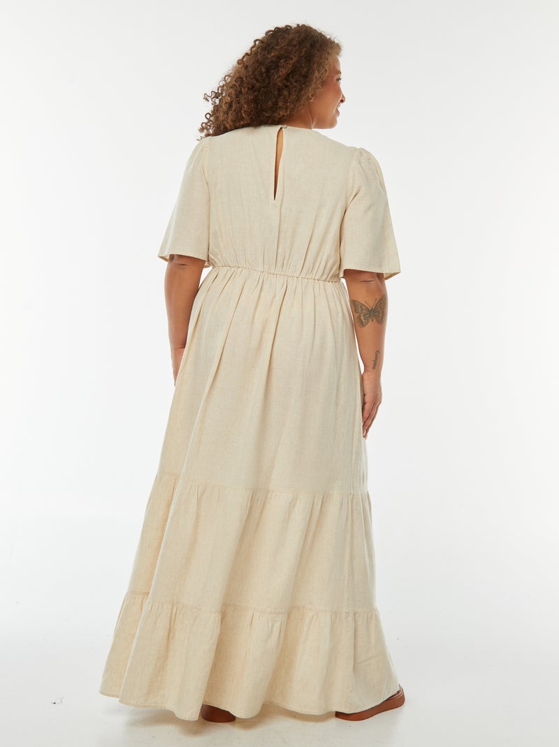Vestido largo de manga corta con bajo a capas Beige - Kiabi