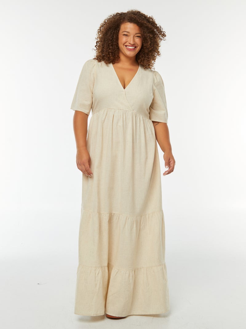 Vestido largo de manga corta con bajo a capas Beige - Kiabi