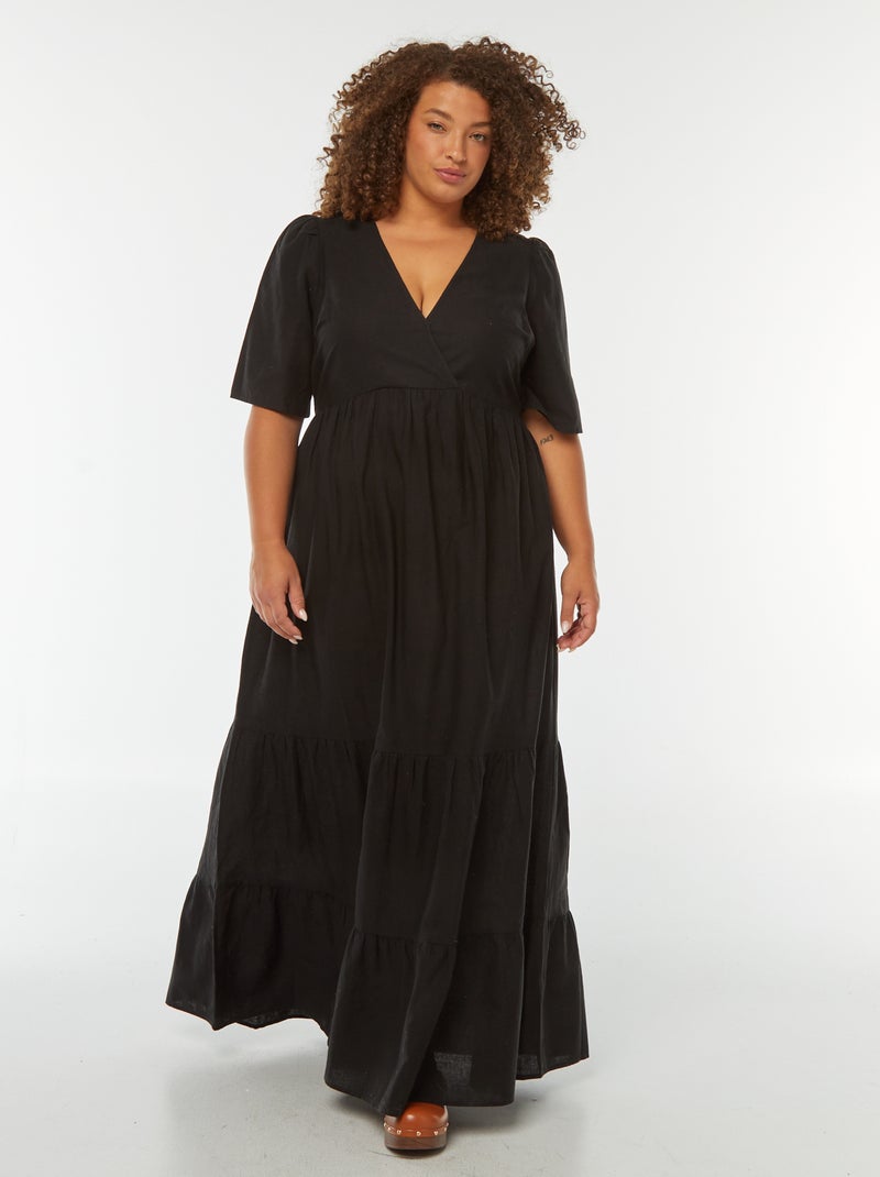Vestido largo de manga corta con bajo a capas negro - Kiabi