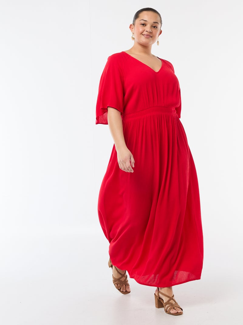 Vestido largo de manga corta en tejido crepé Rojo - Kiabi