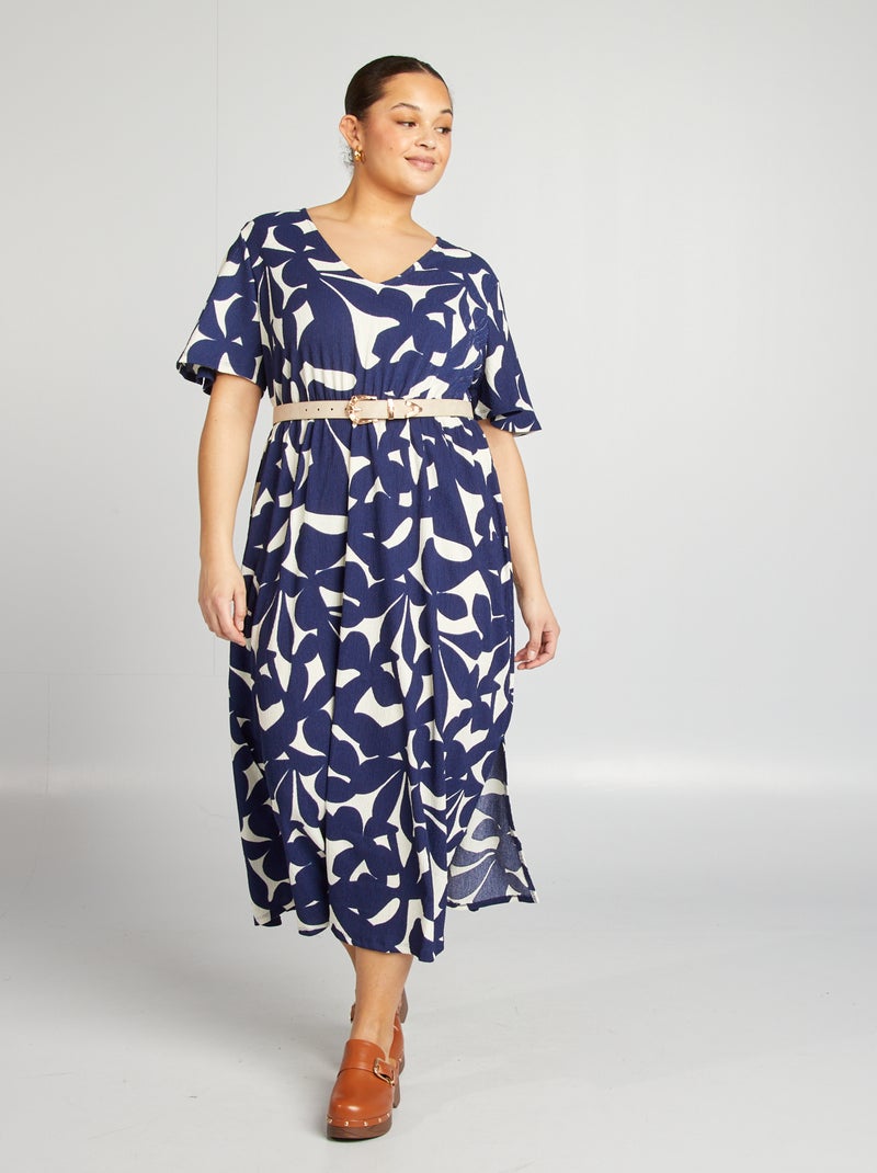 Vestido largo de manga corta y tejido con textura AZUL - Kiabi