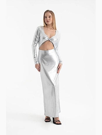 Vestido largo de manga larga con escote en v metalizado y aberturas hiccup