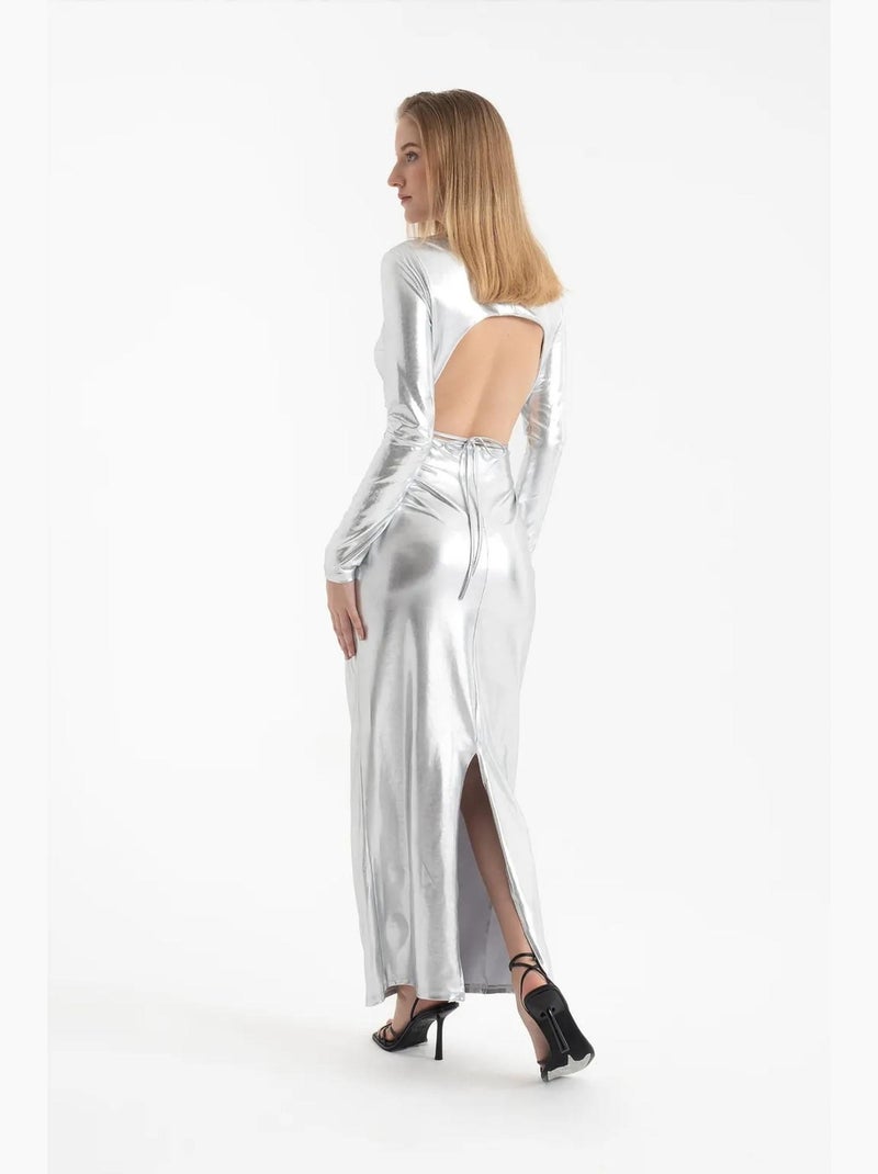 Vestido largo de manga larga con escote en v metalizado y aberturas hiccup Plata - Kiabi