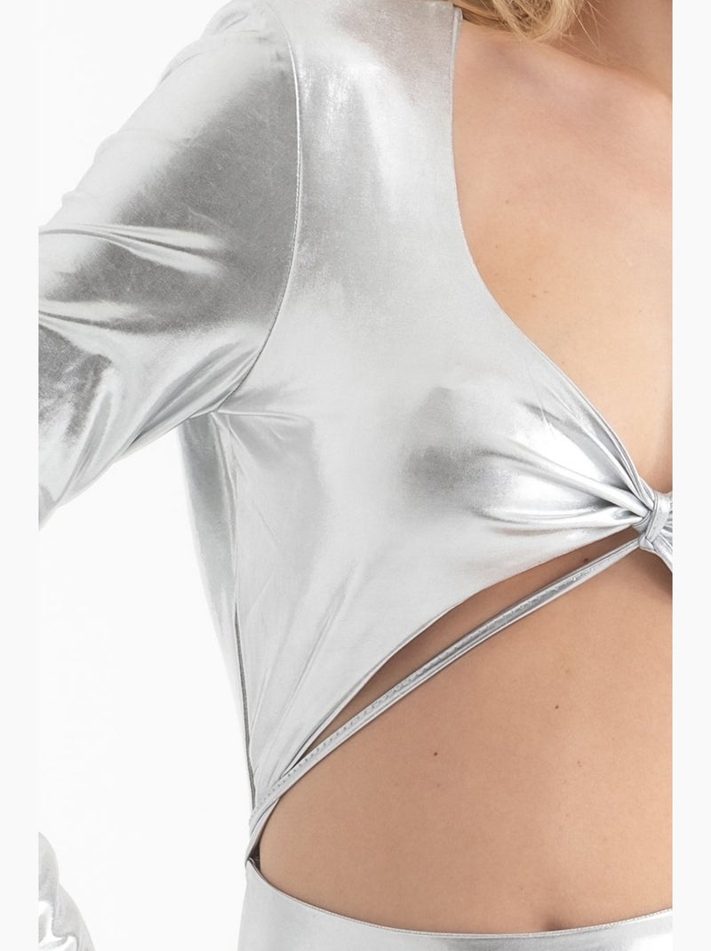 Vestido largo de manga larga con escote en v metalizado y aberturas hiccup Plata - Kiabi