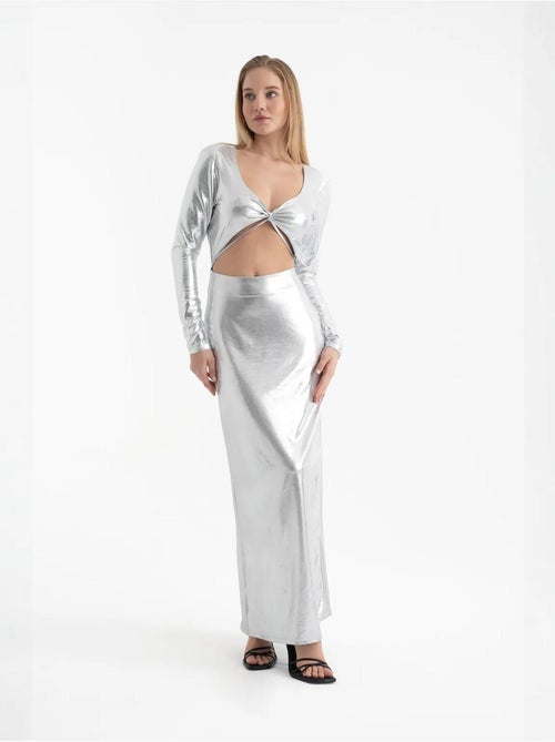 Vestido largo de manga larga con escote en V metalizado y aberturas - Kiabi Vestido largo de manga larga con escote en V metalizado y aberturas - Kiabi