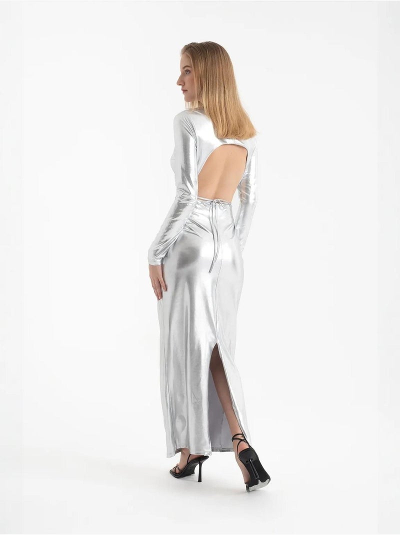 Vestido largo de manga larga con escote en V metalizado y aberturas Plata - Kiabi