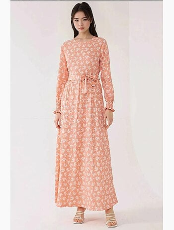 Vestido largo de manga larga con estampado floral y cinturón hiccup