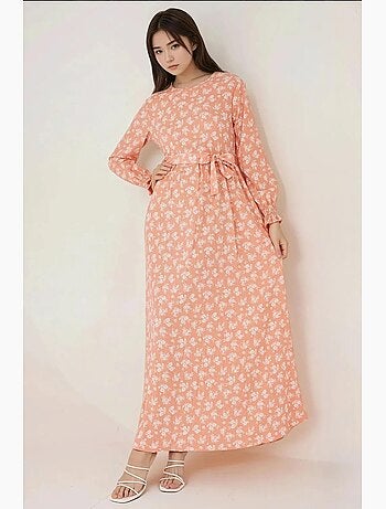 Vestido largo de manga larga con estampado floral y cinturón hiccup