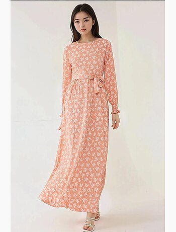 Vestido largo de manga larga con estampado floral y cinturón hiccup