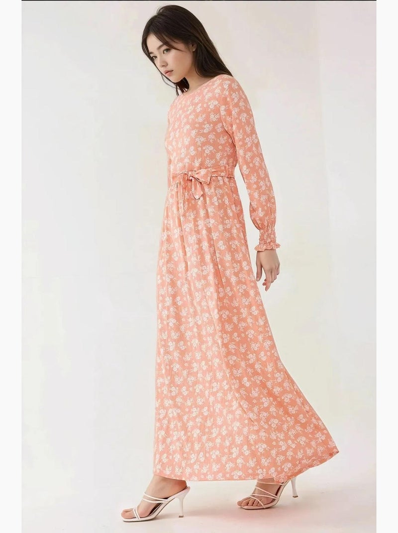 Vestido largo de manga larga con estampado floral y cinturón hiccup Rosa - Kiabi