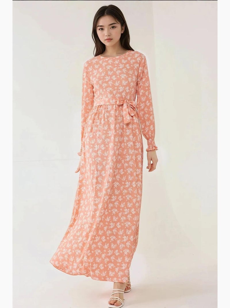 Vestido largo de manga larga con estampado floral y cinturón hiccup Rosa - Kiabi