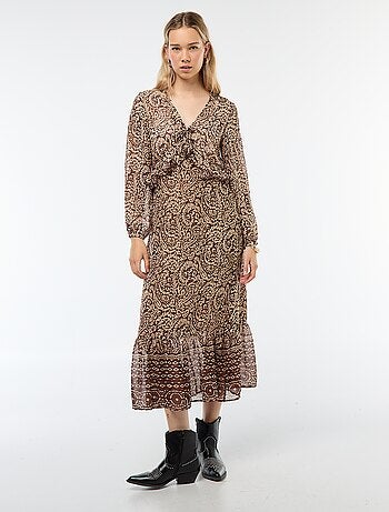Vestido largo de manga larga con estampado y volantes