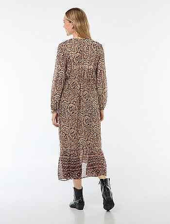 Vestido largo de manga larga con estampado y volantes