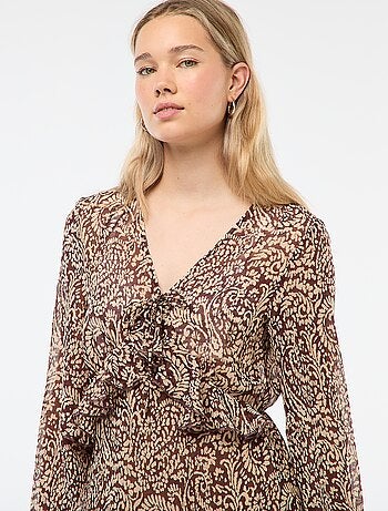 Vestido largo de manga larga con estampado y volantes