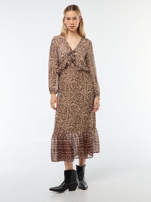 Vestido largo de manga larga con estampado y volantes - Kiabi