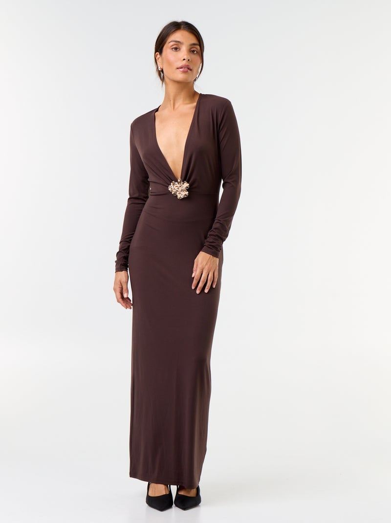 Vestido largo de manga larga con joya de fantasía Marron - Kiabi