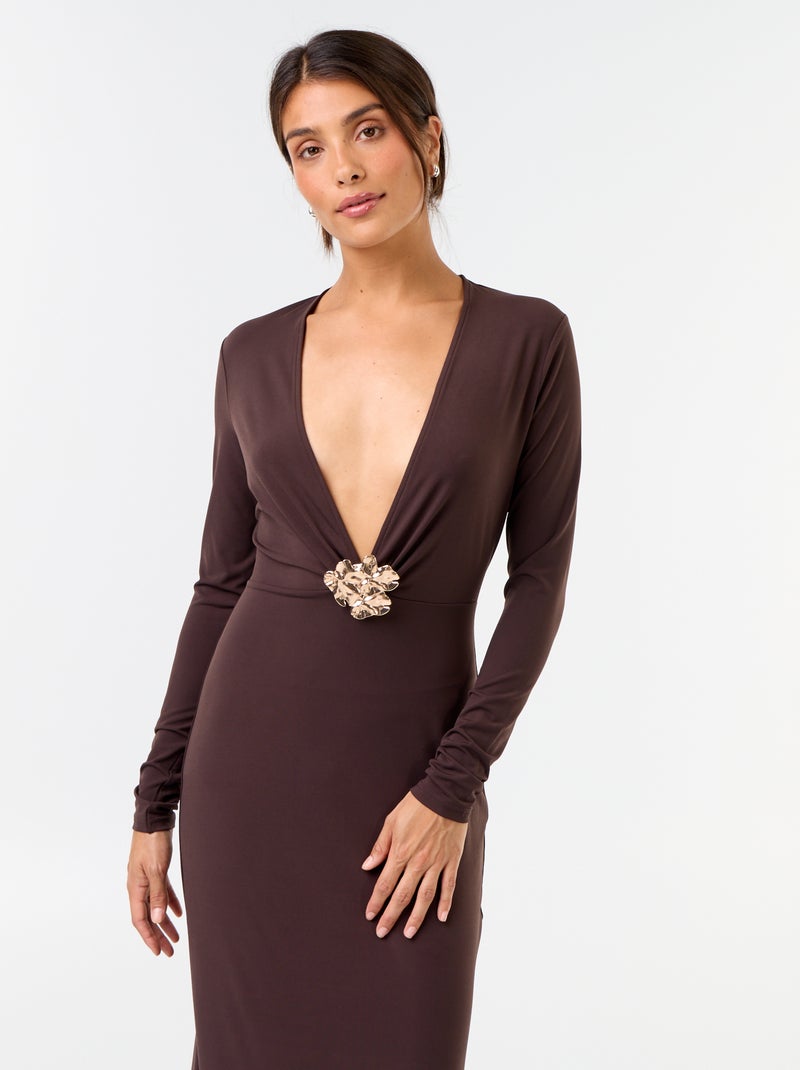 Vestido largo de manga larga con joya de fantasía Marron - Kiabi