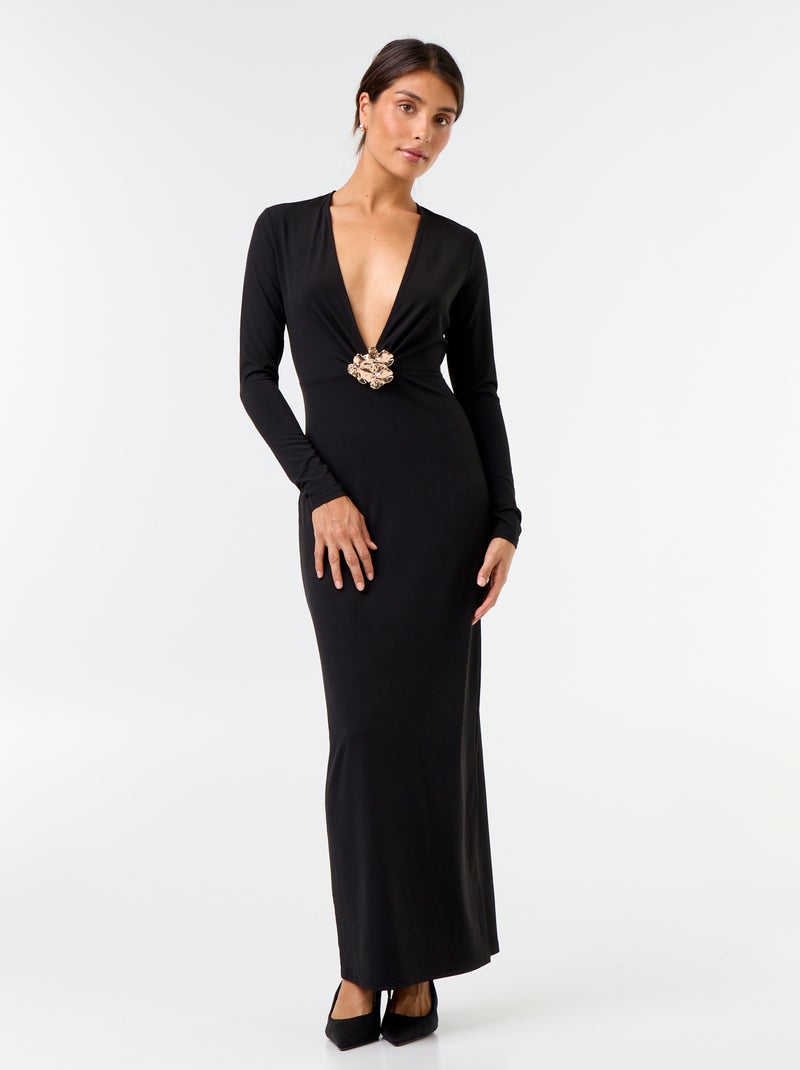 Vestido largo de manga larga con joya de fantasía Negro - Kiabi