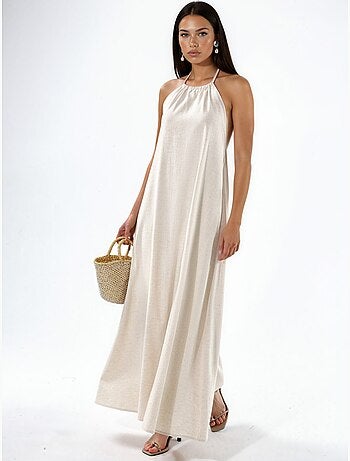 Vestido largo de mezcla de lino con cuello halter hiccup