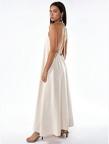 Vestido largo de mezcla de lino con cuello halter hiccup