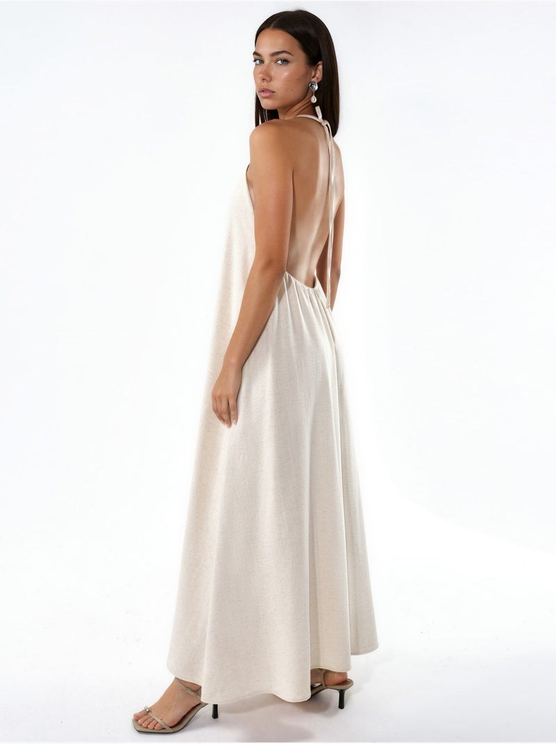 Vestido largo de mezcla de lino con cuello halter hiccup Beige natural - Kiabi