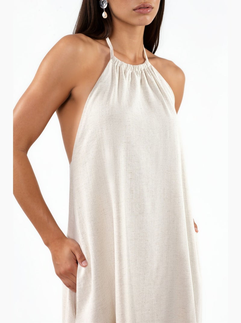 Vestido largo de mezcla de lino con cuello halter hiccup Beige natural - Kiabi