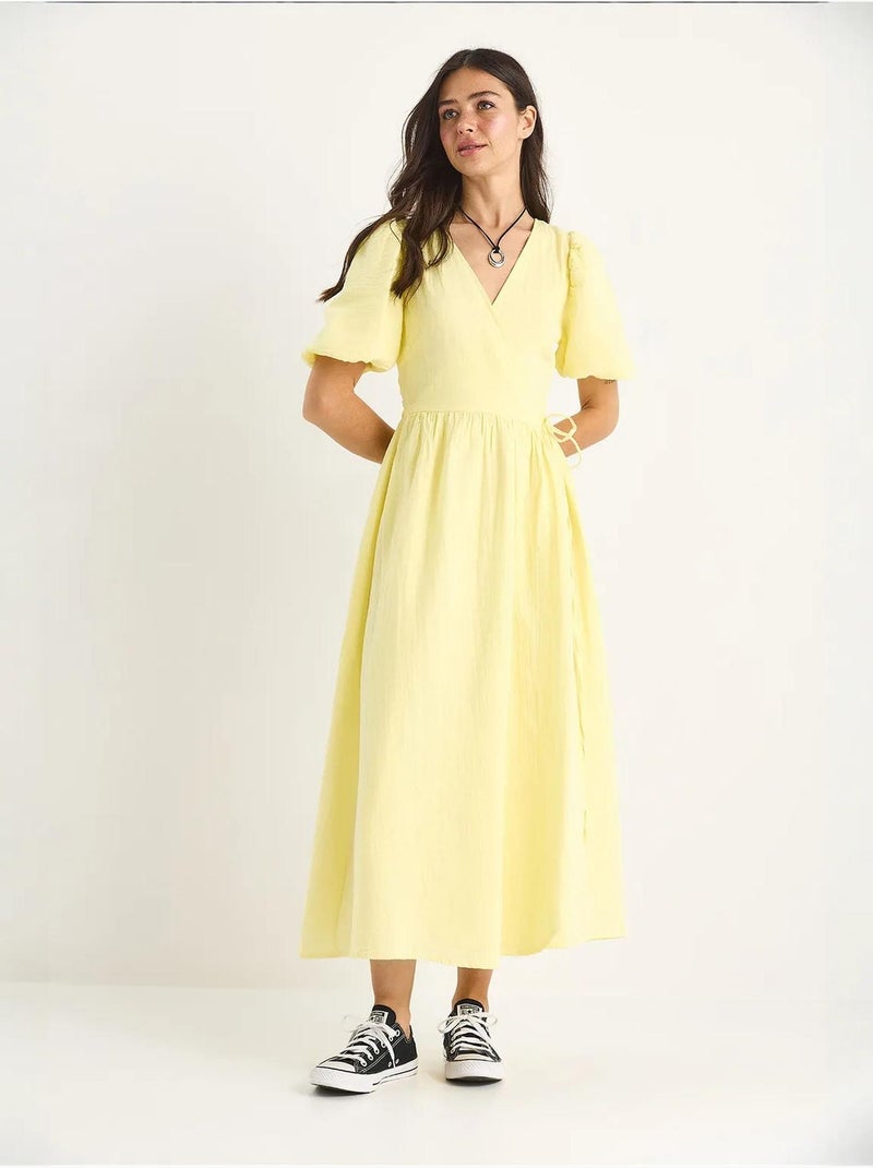 Vestido largo de muselina con mangas globo y cierre cruzado lucci Amarillo limón - Kiabi