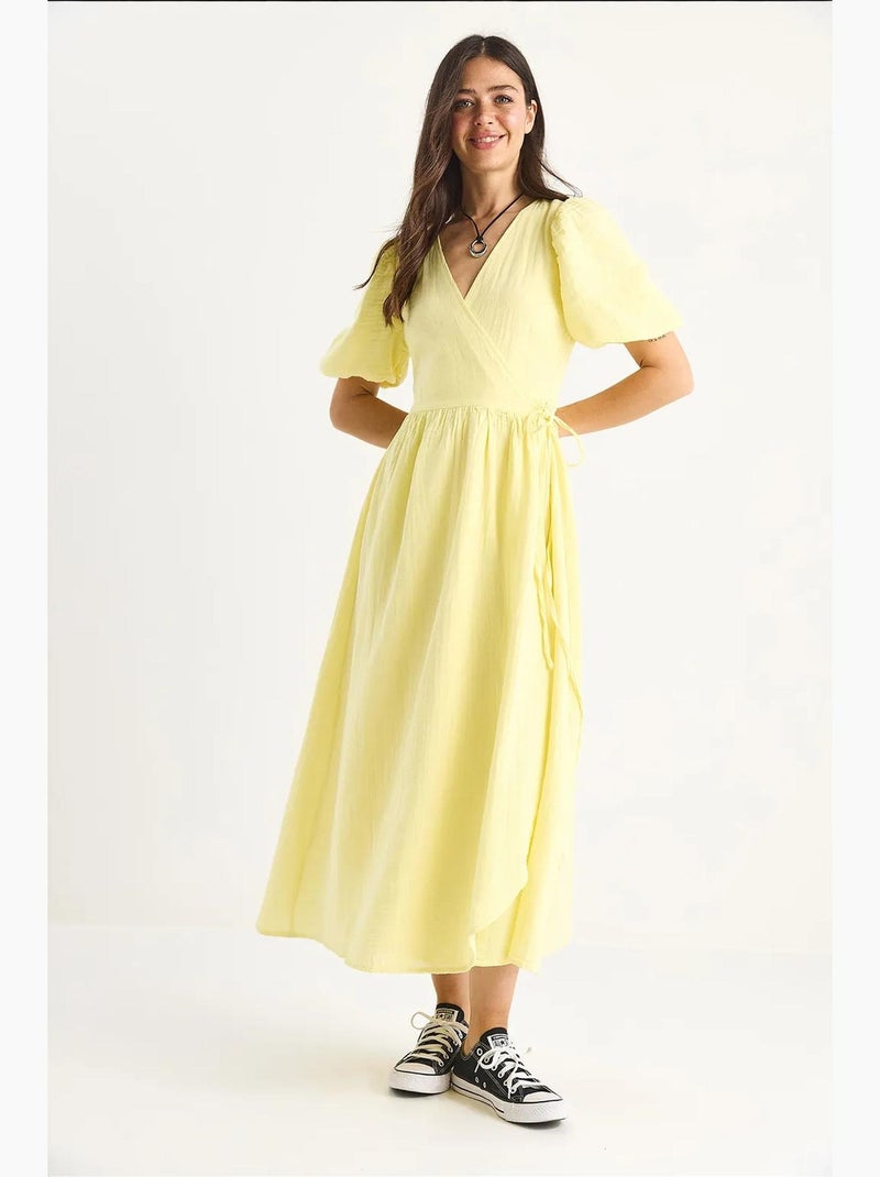 Vestido largo de muselina con mangas globo y cierre cruzado lucci Amarillo limón - Kiabi