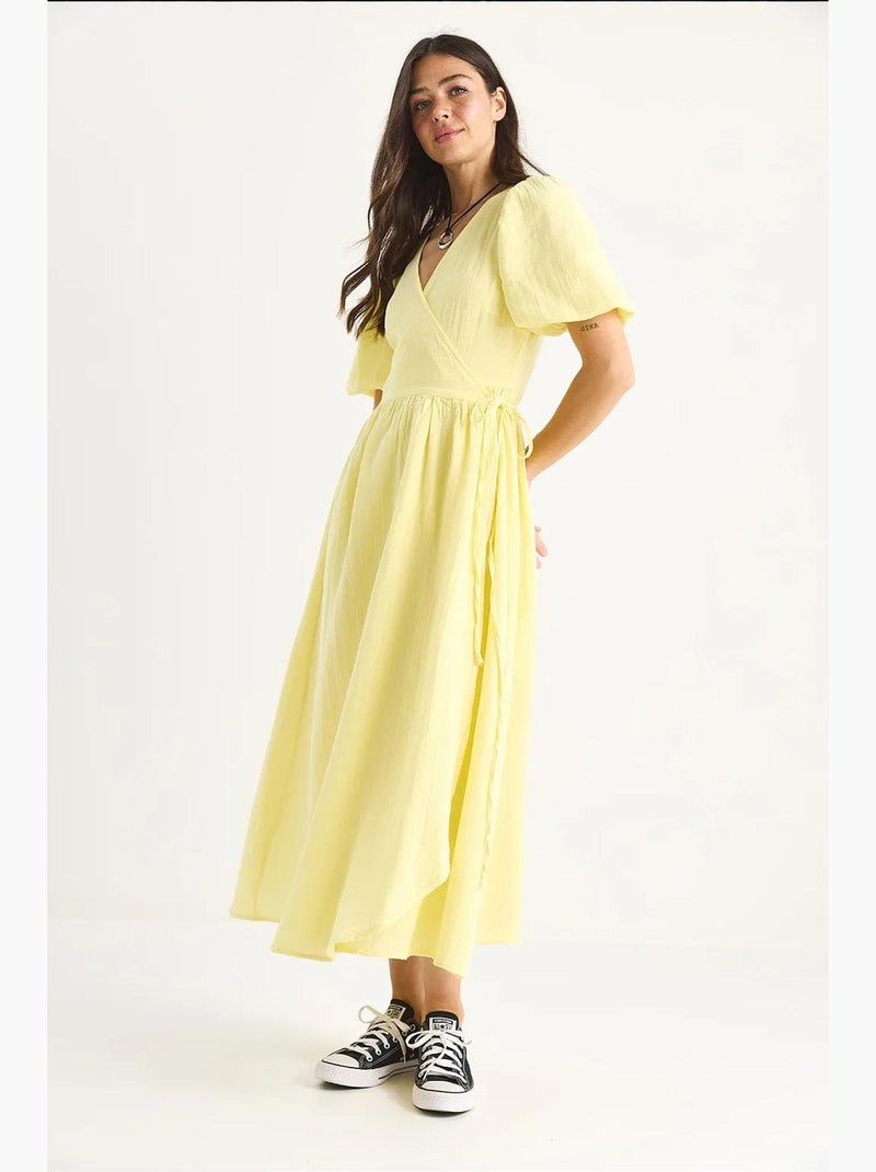 Vestido largo de muselina con mangas globo y cierre cruzado lucci Amarillo limón - Kiabi