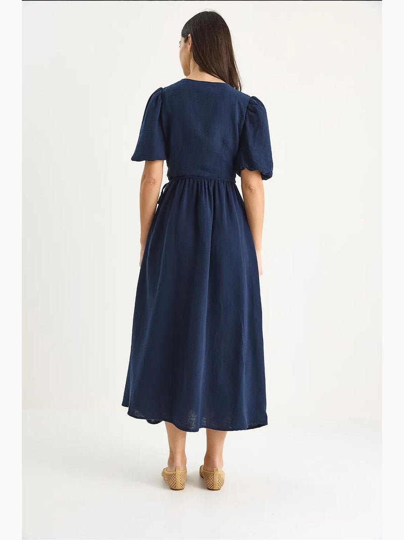 Vestido largo de muselina con mangas globo y cierre cruzado lucci Azul marino - Kiabi