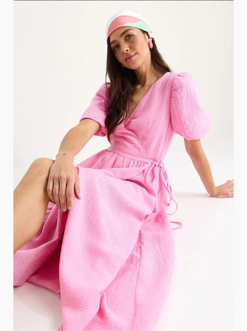 Vestido largo de muselina con mangas globo y cierre cruzado lucci Rosa fluo/Solinotes - Kiabi