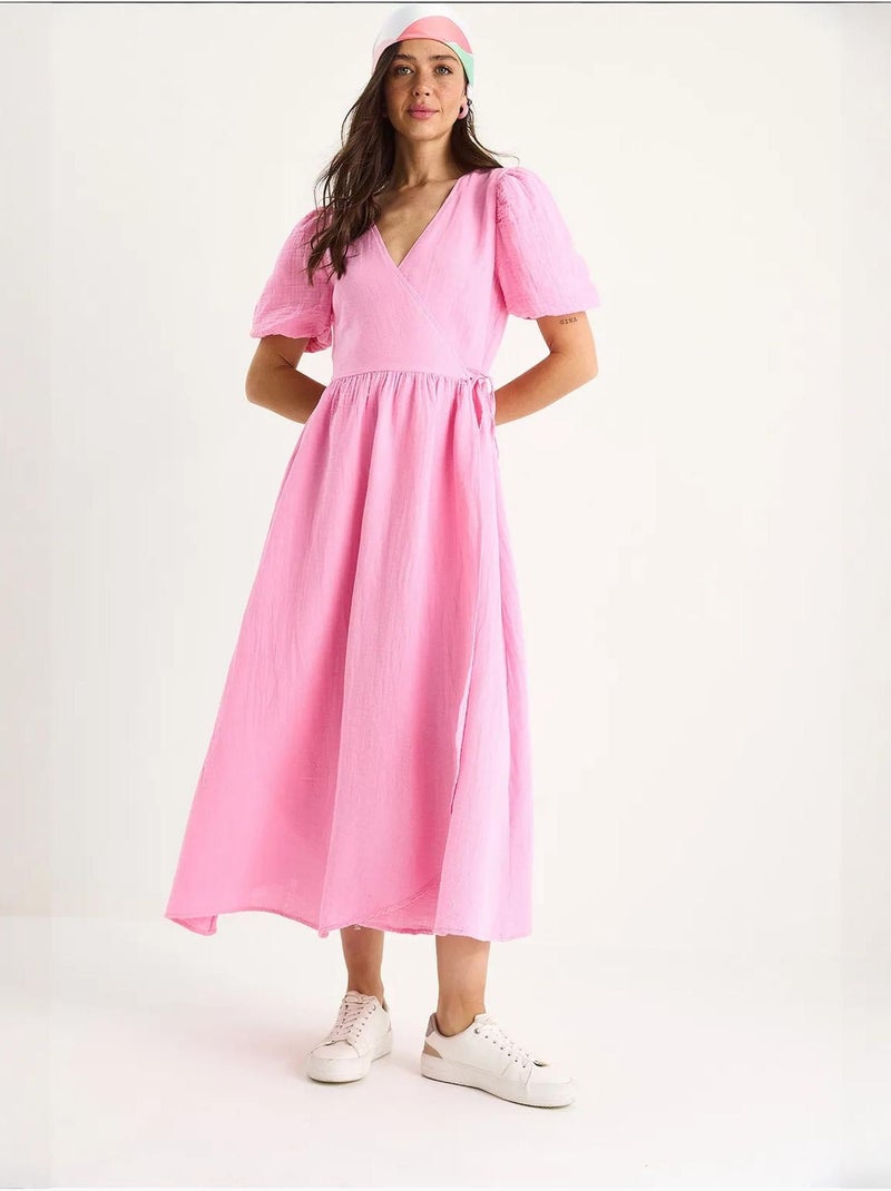 Vestido largo de muselina con mangas globo y cierre cruzado lucci Rosa fluo/Solinotes - Kiabi