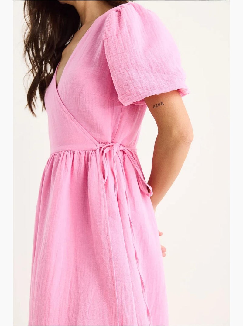 Vestido largo de muselina con mangas globo y cierre cruzado lucci Rosa fluo/Solinotes - Kiabi