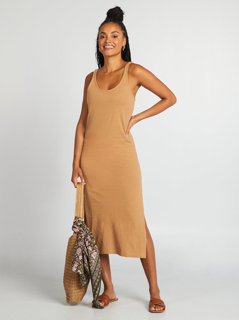 Vestido largo de playa de lino beige - Kiabi