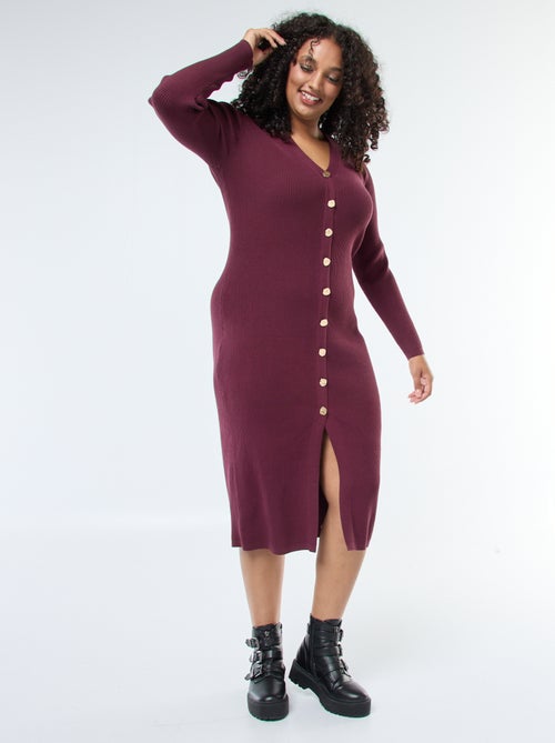 Vestido largo de punto canalé con botonadura dorada - Kiabi