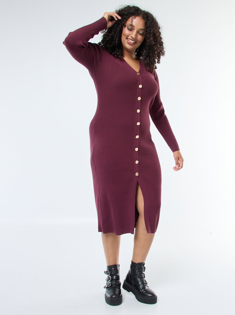 Vestido largo de punto canalé con botonadura dorada Rojo - Kiabi