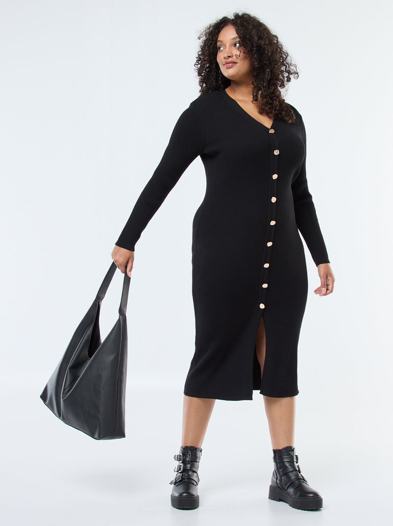 Vestido largo de punto canalé con botones dorados Negro - Kiabi
