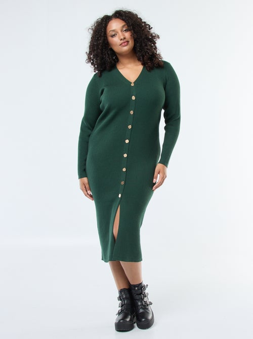 Vestido largo de punto canalé con botones dorados - Kiabi
