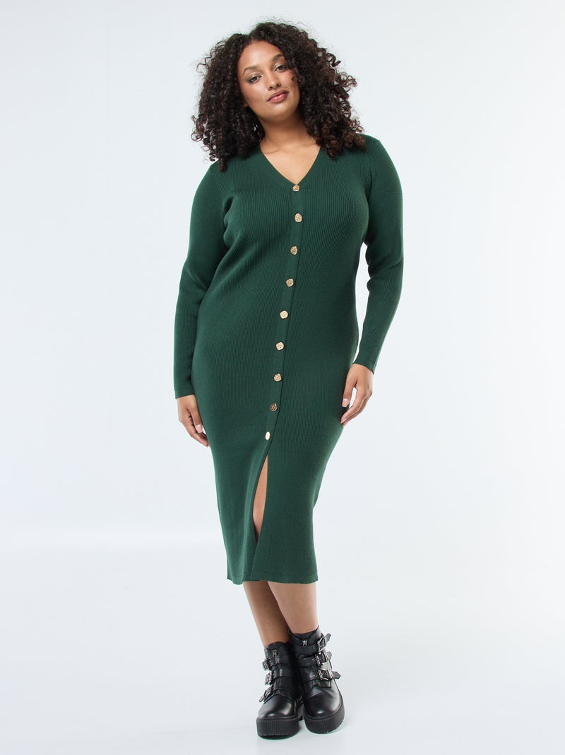 Vestido largo de punto canalé con botones dorados Verde - Kiabi