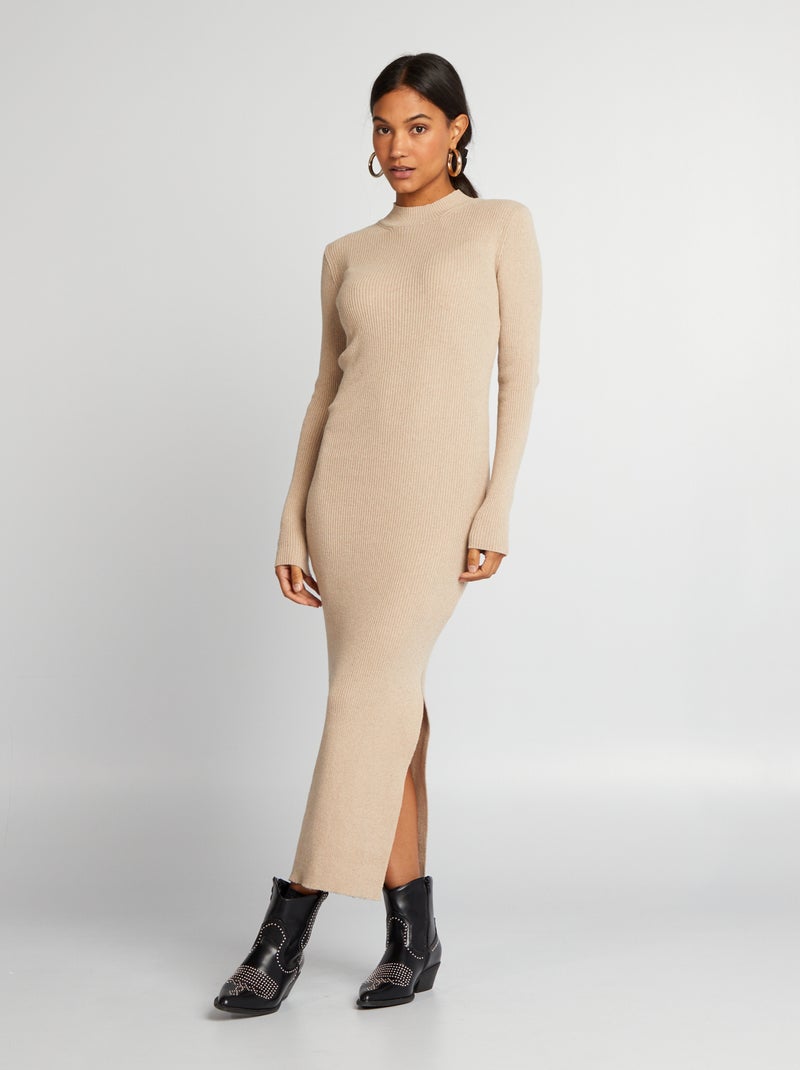 Vestido largo de punto de canalé BEIGE - Kiabi