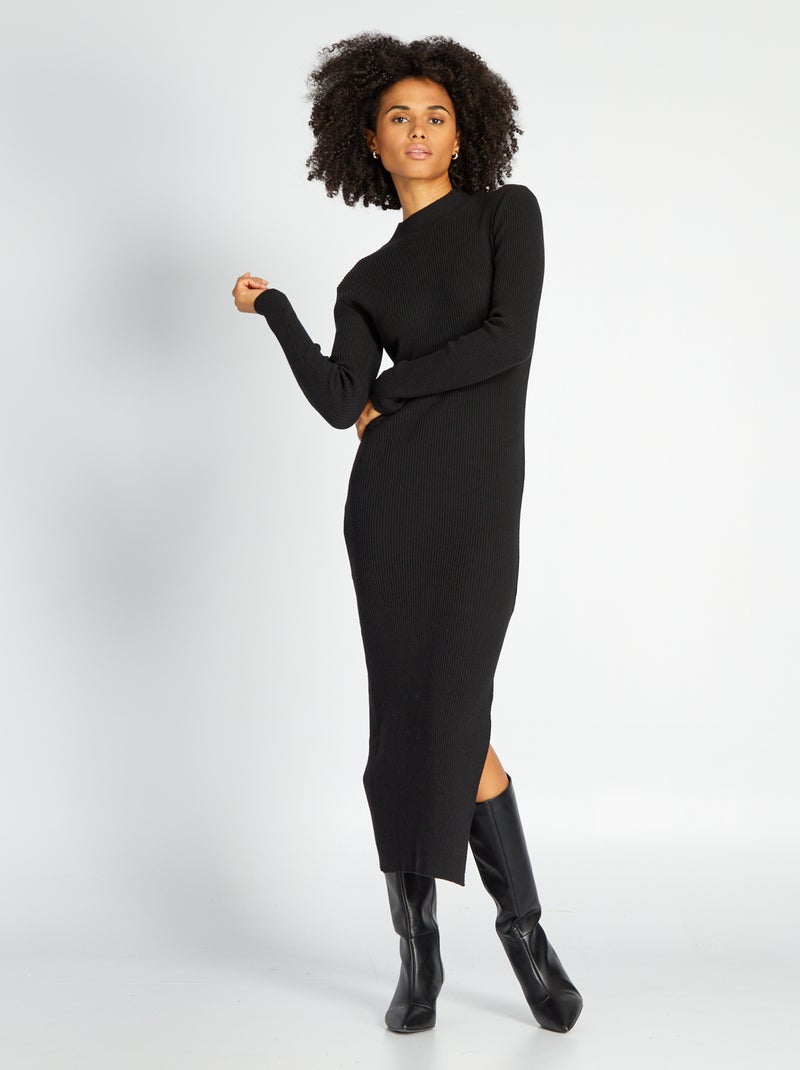 Vestido largo de punto de canalé negro - Kiabi