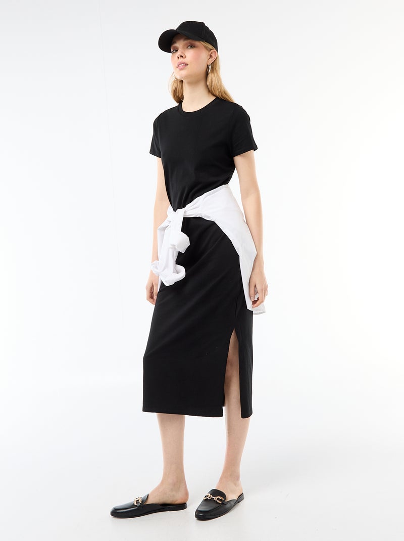Vestido largo de punto manga corta Negro - Kiabi