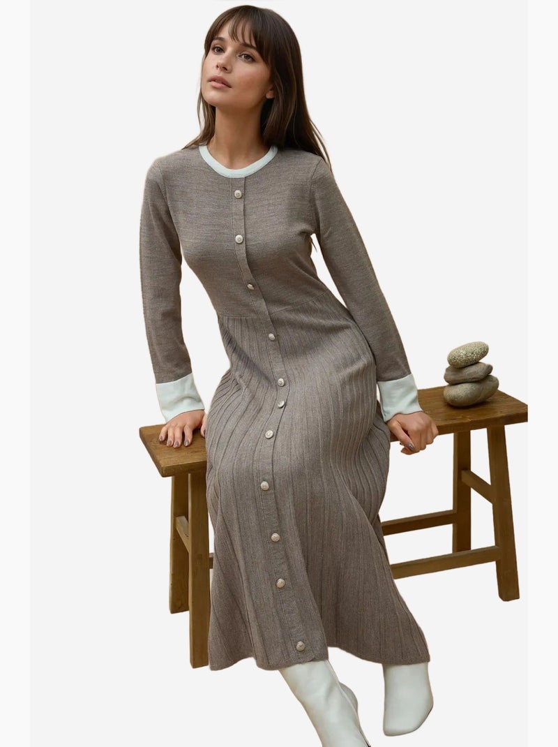 Vestido largo de punto texturizado con cuello redondo hiccup Marrón claro - Kiabi