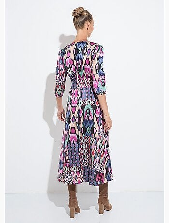 Vestido largo de satén con estampado étnico y mangas 3/4 - Afibel