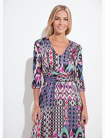 Vestido largo de satén con estampado étnico y mangas 3/4 - Afibel