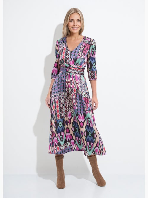 Vestido largo de satén con estampado étnico y mangas 3/4 - Afibel - Kiabi