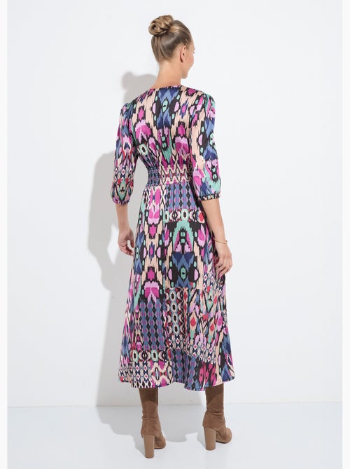 Vestido largo de satén con estampado étnico y mangas 3/4 - Afibel - Kiabi