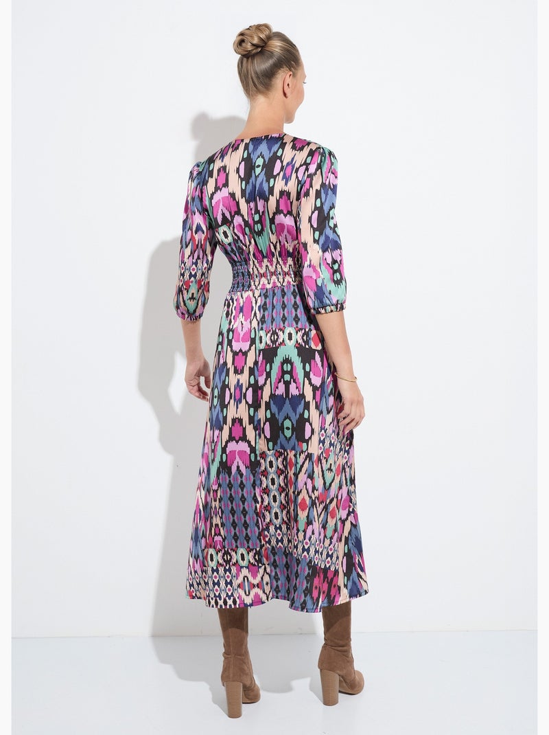 Vestido largo de satén con estampado étnico y mangas 3/4 - Afibel Multicolor - Kiabi